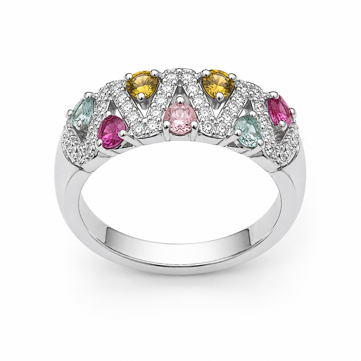 Natural Brazilian Multi Tourmaline Ring with 2.5mm colorful gemstones in 925 sterling silver with platinum plated finish by PHIMSERA