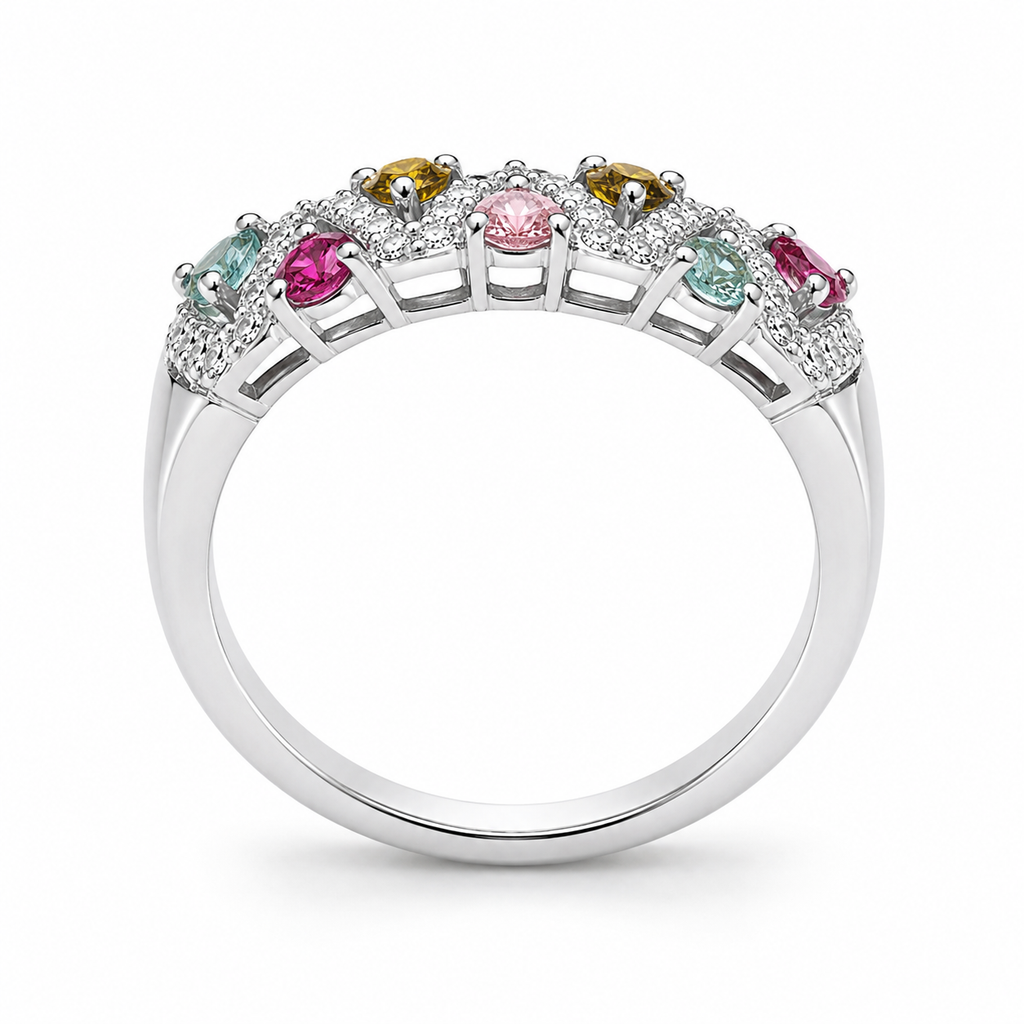 Natural Brazilian Multi Tourmaline Ring with 2.5mm colorful gemstones in 925 sterling silver with platinum plated finish by PHIMSERA