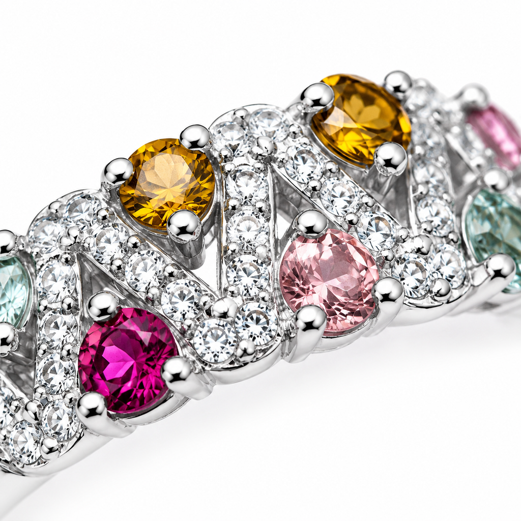 Natural Brazilian Multi Tourmaline Ring with 2.5mm colorful gemstones in 925 sterling silver with platinum plated finish by PHIMSERA