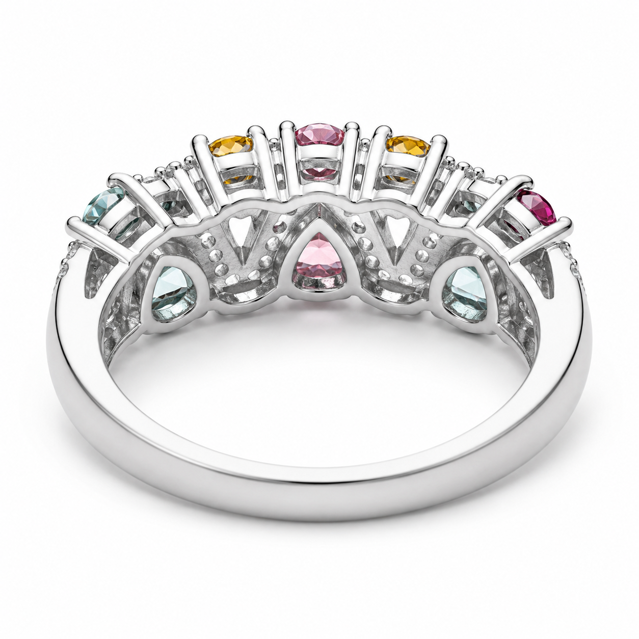 Natural Brazilian Multi Tourmaline Ring with 2.5mm colorful gemstones in 925 sterling silver with platinum plated finish by PHIMSERA