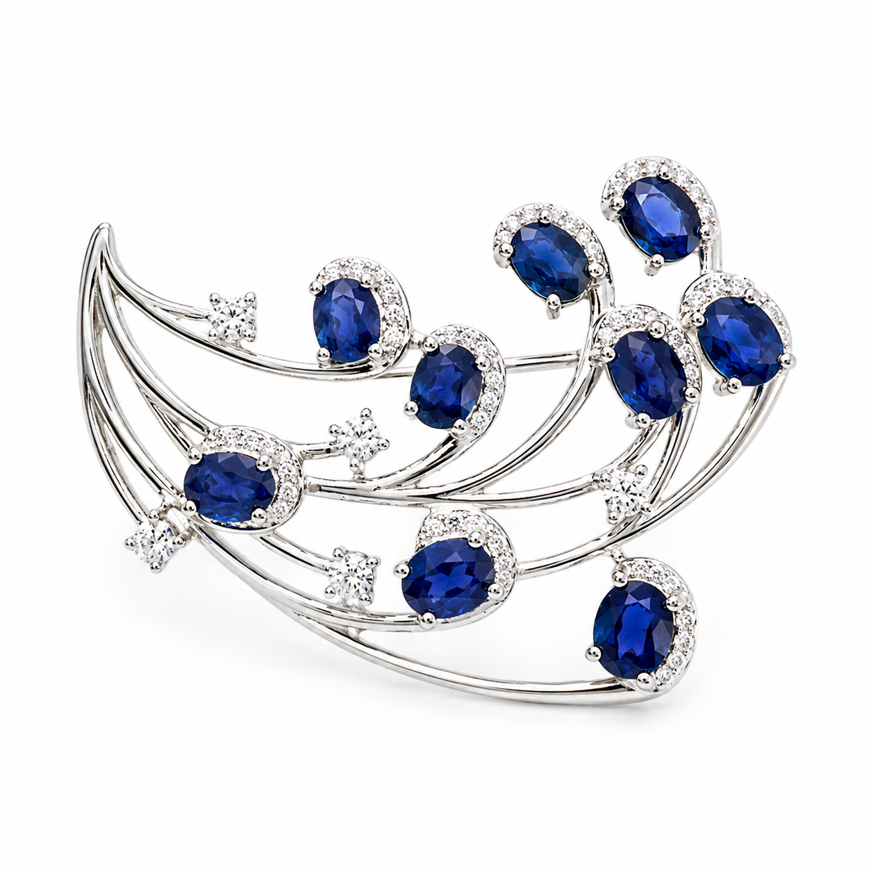Natural Blue Sri Lanka Sapphire Brooch Pin in 925 Sterling Silver featuring nine 4x5 mm oval natural sapphires with cubic zirconia accents