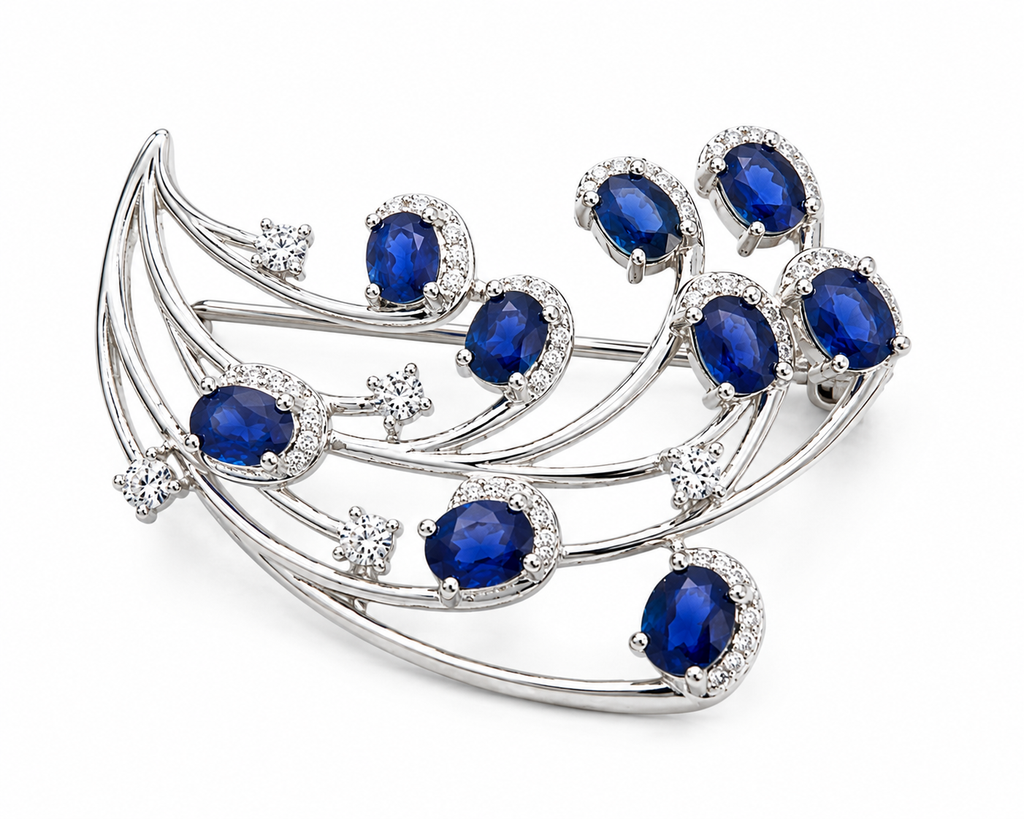 Natural Blue Sri Lanka Sapphire Brooch Pin in 925 Sterling Silver featuring nine 4x5 mm oval natural sapphires with cubic zirconia accents