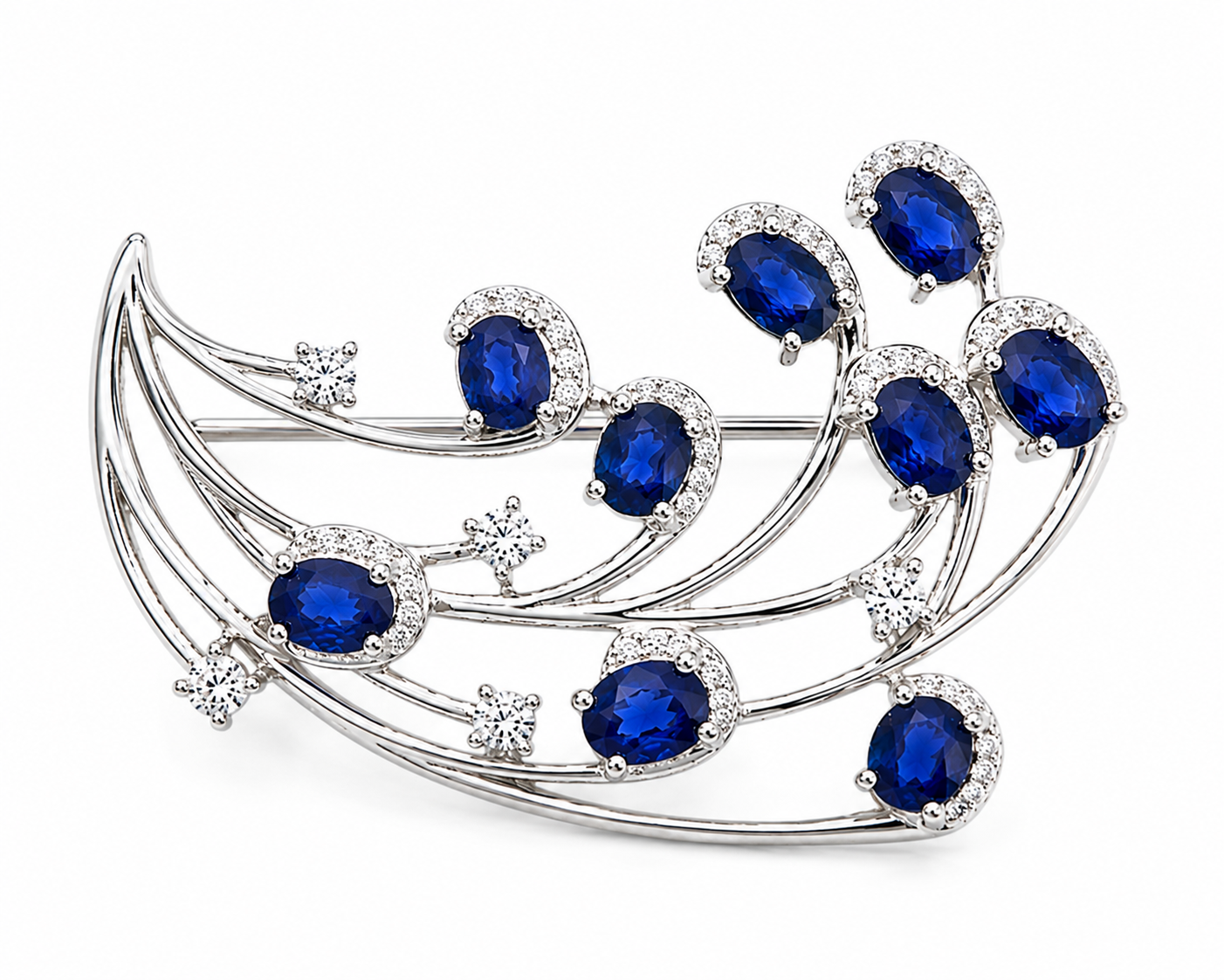 Natural Blue Sri Lanka Sapphire Brooch Pin in 925 Sterling Silver featuring nine 4x5 mm oval natural sapphires with cubic zirconia accents