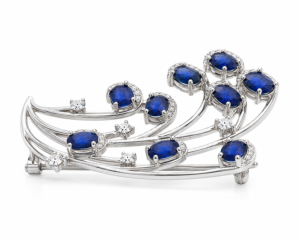 Natural Blue Sri Lanka Sapphire Brooch Pin in 925 Sterling Silver featuring nine 4x5 mm oval natural sapphires with cubic zirconia accents