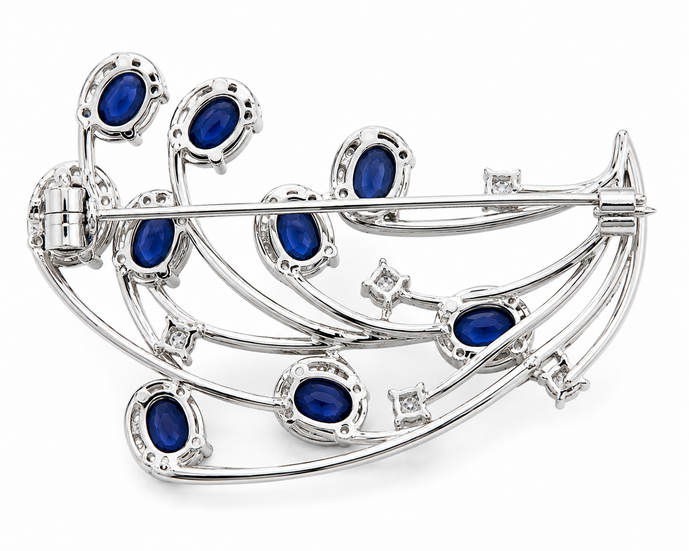 Natural Blue Sri Lanka Sapphire Brooch Pin in 925 Sterling Silver featuring nine 4x5 mm oval natural sapphires with cubic zirconia accents