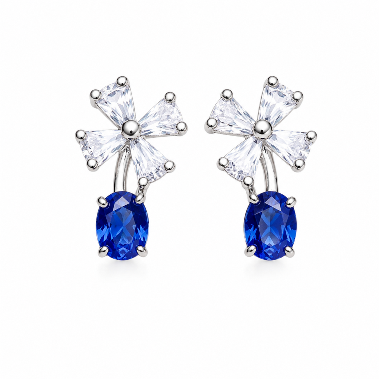 Natural Blue Sri Lanka Sapphire dainty stud earrings in 925 sterling silver featuring genuine 3×4 mm oval Ceylon sapphires with sparkling cubic zirconia accents