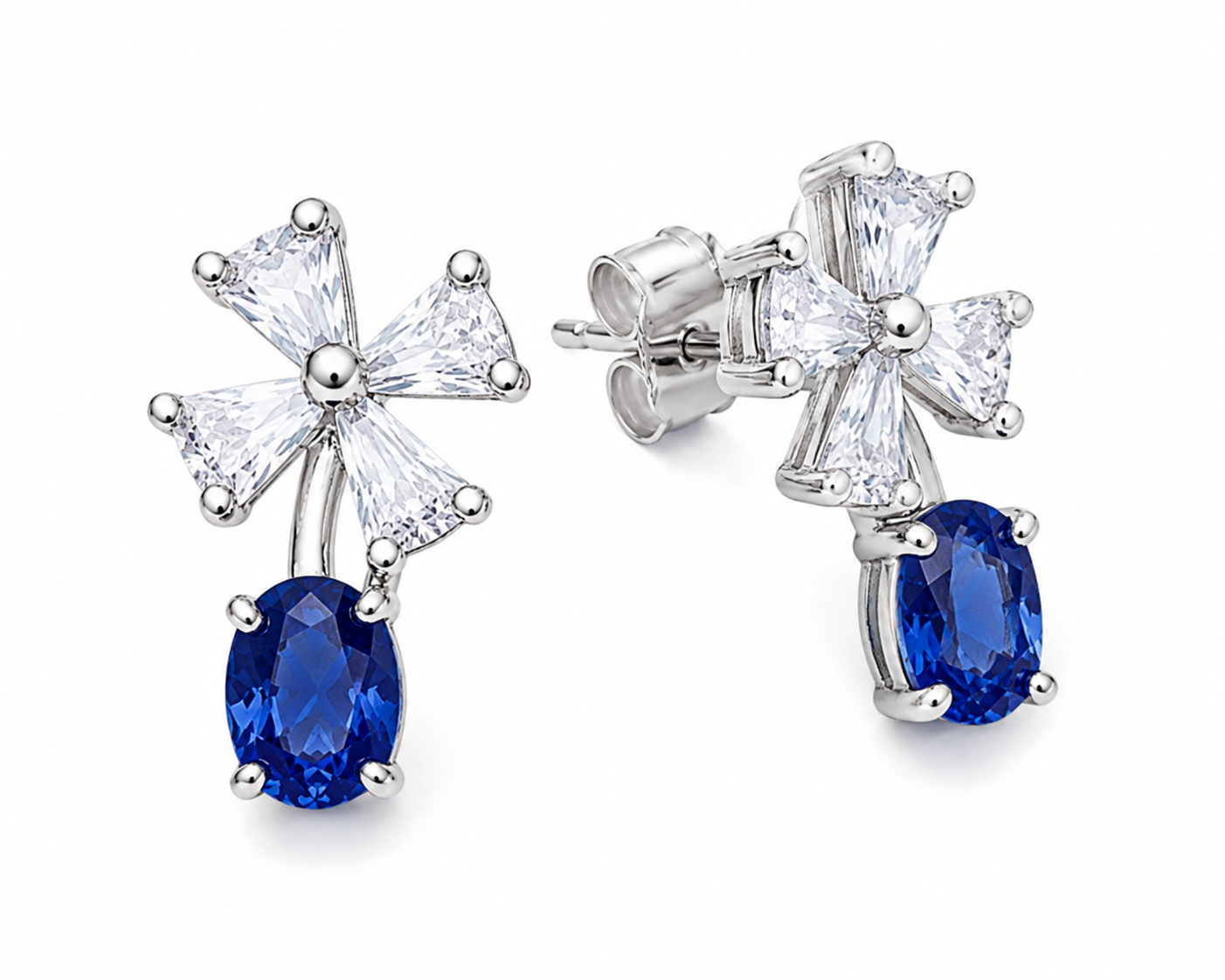 Natural Blue Sri Lanka Sapphire dainty stud earrings in 925 sterling silver featuring genuine 3×4 mm oval Ceylon sapphires with sparkling cubic zirconia accents