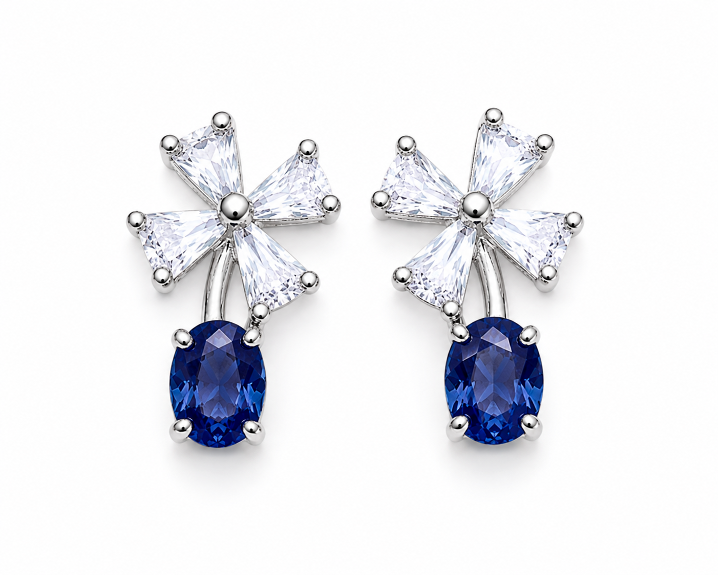 Natural Blue Sri Lanka Sapphire dainty stud earrings in 925 sterling silver featuring genuine 3×4 mm oval Ceylon sapphires with sparkling cubic zirconia accents