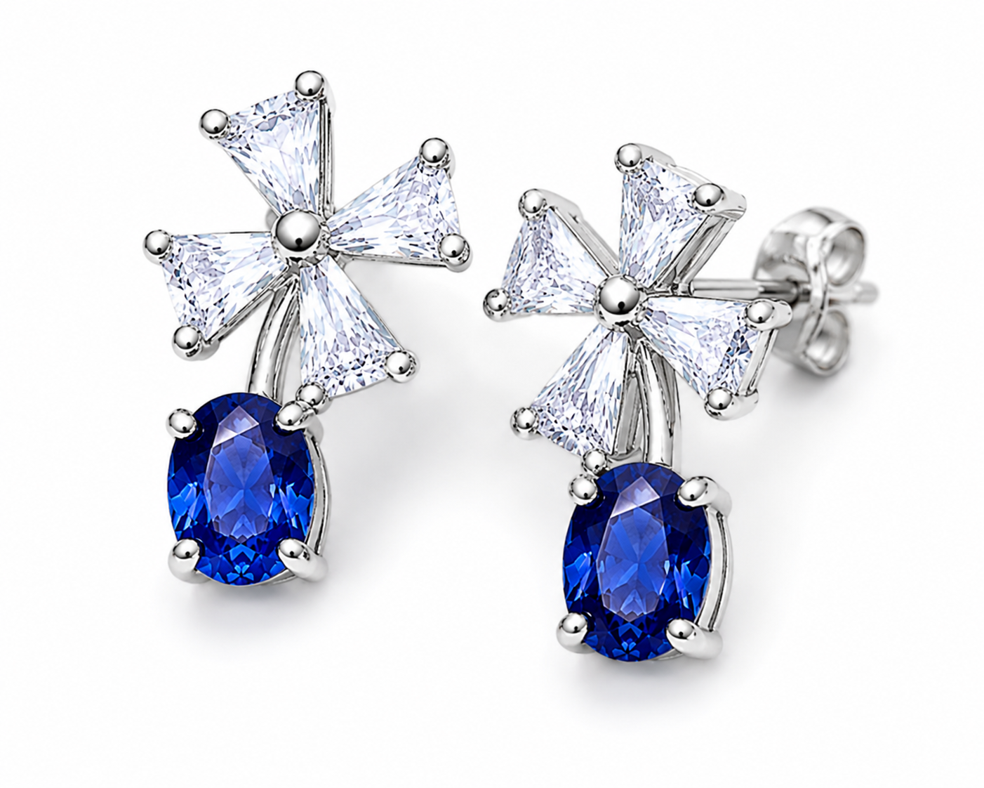 Natural Blue Sri Lanka Sapphire dainty stud earrings in 925 sterling silver featuring genuine 3×4 mm oval Ceylon sapphires with sparkling cubic zirconia accents