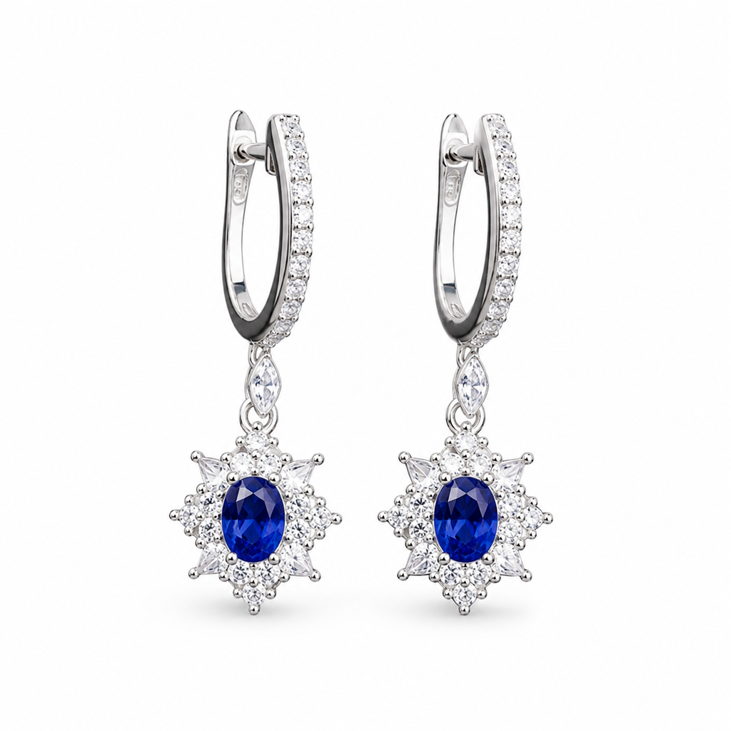 Natural Blue Sri Lanka Sapphire hoop earrings in 925 sterling silver featuring genuine 3×4 mm oval Ceylon sapphires with sparkling cubic zirconia accents
