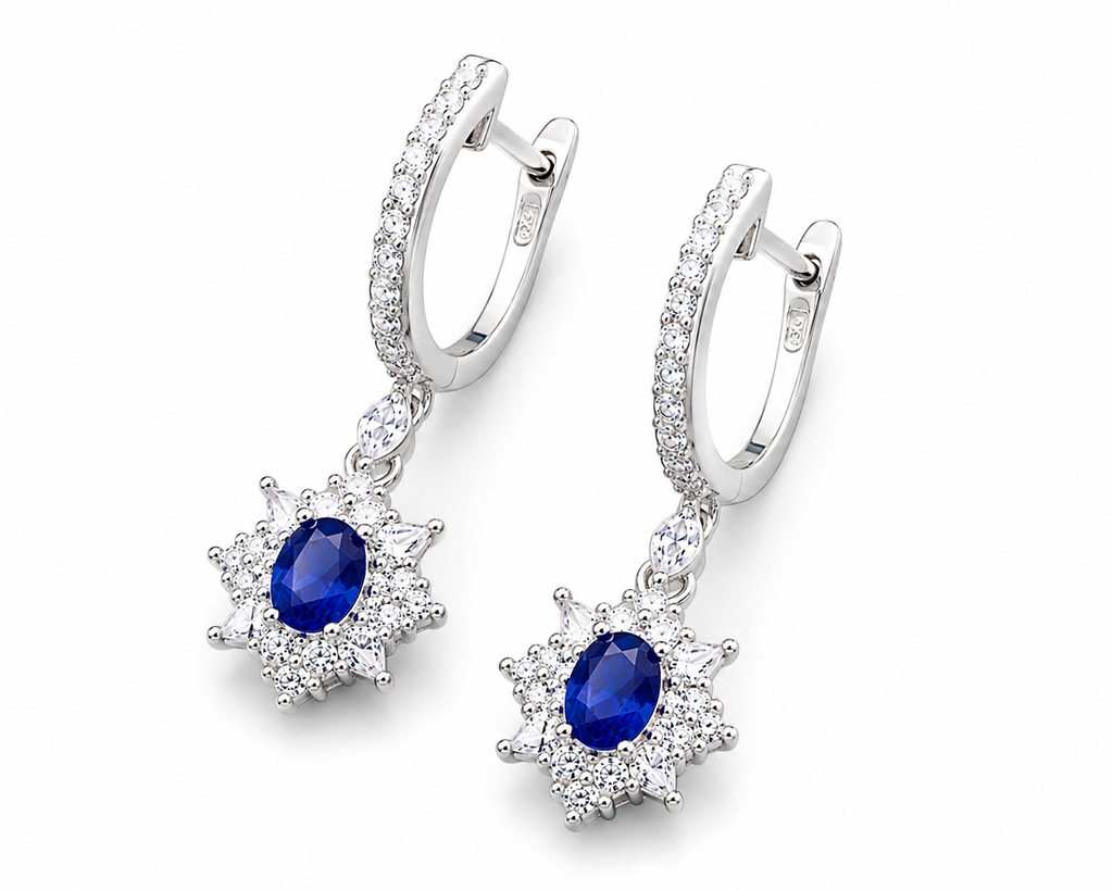Natural Blue Sri Lanka Sapphire hoop earrings in 925 sterling silver featuring genuine 3×4 mm oval Ceylon sapphires with sparkling cubic zirconia accents
