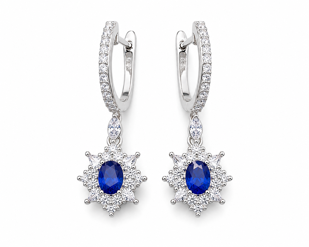 Natural Blue Sri Lanka Sapphire hoop earrings in 925 sterling silver featuring genuine 3×4 mm oval Ceylon sapphires with sparkling cubic zirconia accents