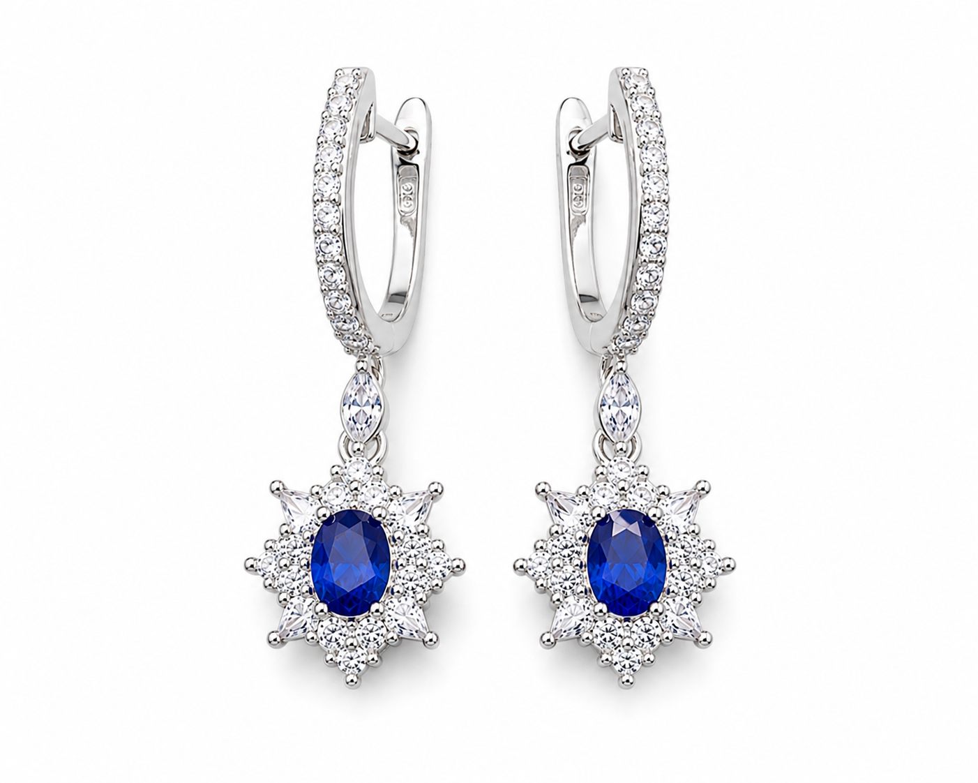 Natural Blue Sri Lanka Sapphire hoop earrings in 925 sterling silver featuring genuine 3×4 mm oval Ceylon sapphires with sparkling cubic zirconia accents