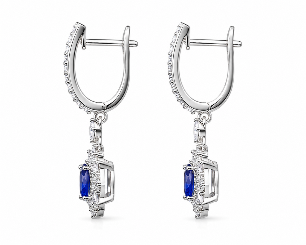 Natural Blue Sri Lanka Sapphire hoop earrings in 925 sterling silver featuring genuine 3×4 mm oval Ceylon sapphires with sparkling cubic zirconia accents