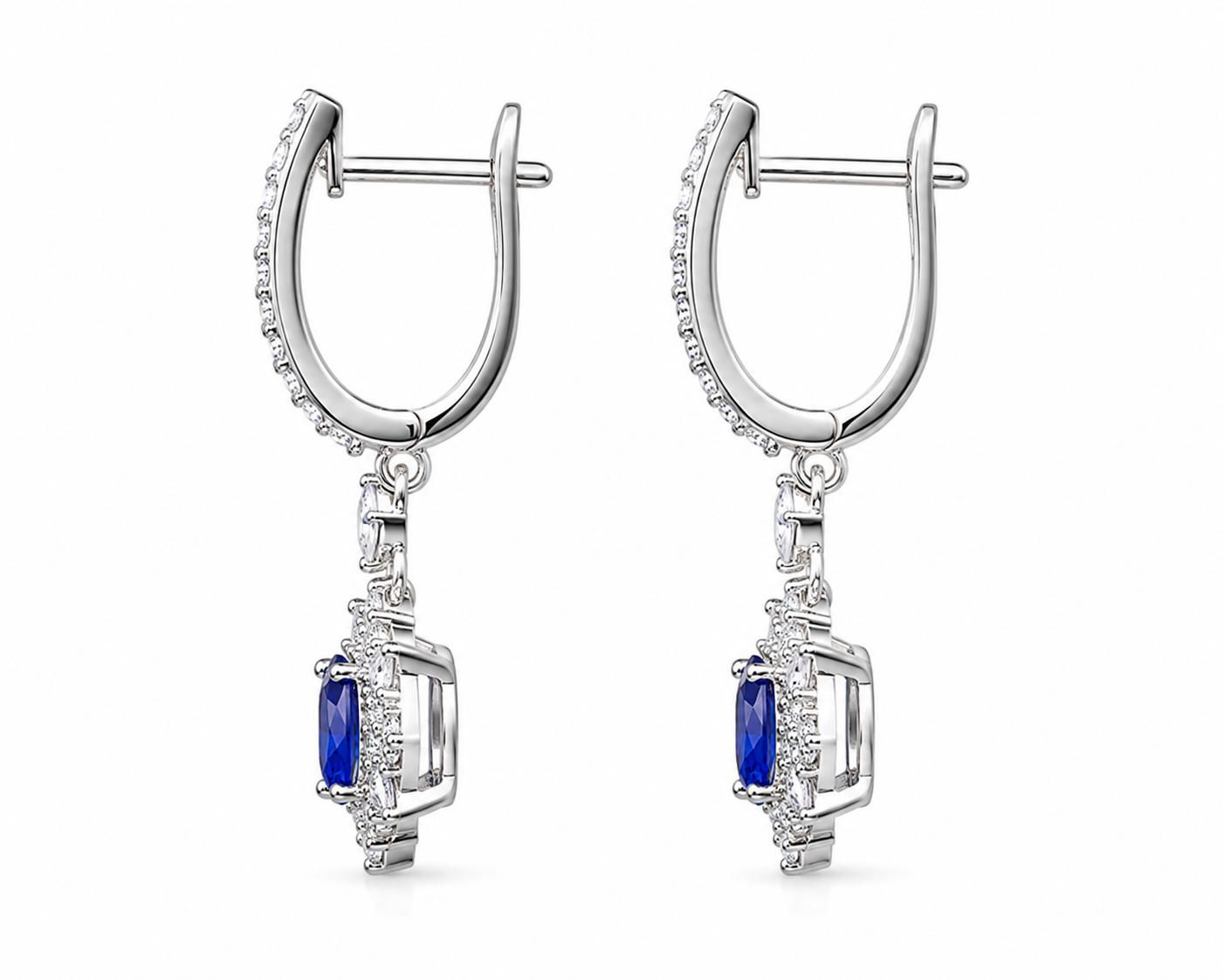 Natural Blue Sri Lanka Sapphire hoop earrings in 925 sterling silver featuring genuine 3×4 mm oval Ceylon sapphires with sparkling cubic zirconia accents