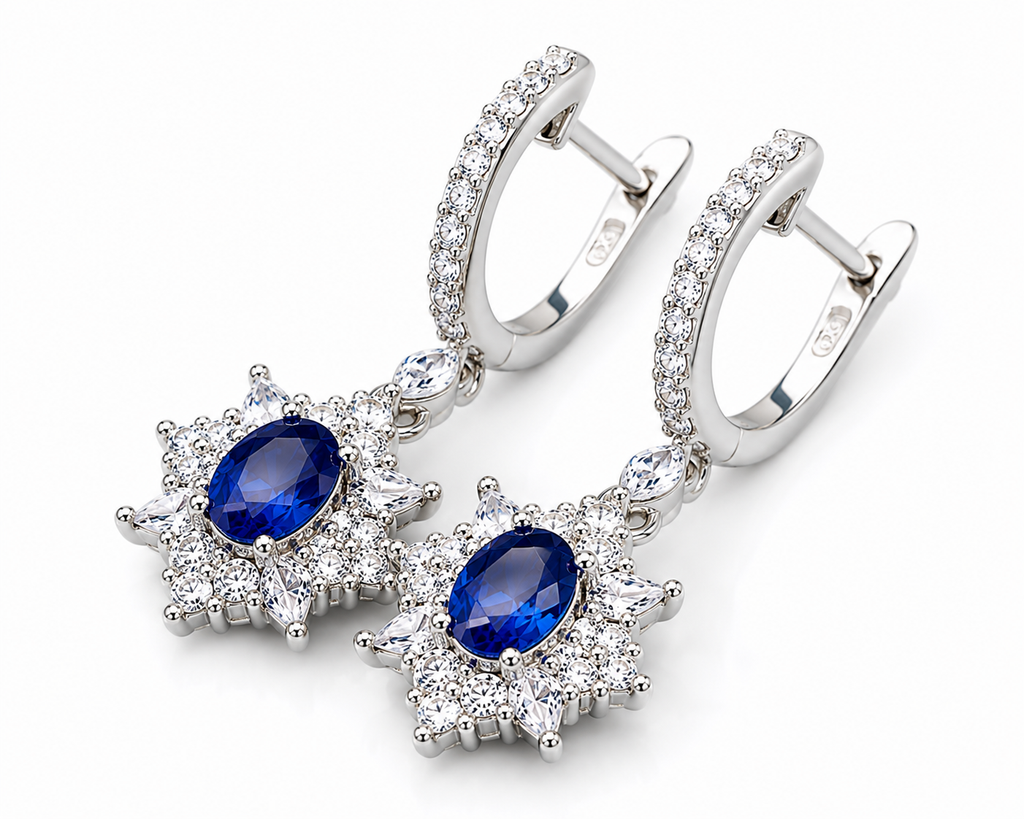Natural Blue Sri Lanka Sapphire hoop earrings in 925 sterling silver featuring genuine 3×4 mm oval Ceylon sapphires with sparkling cubic zirconia accents