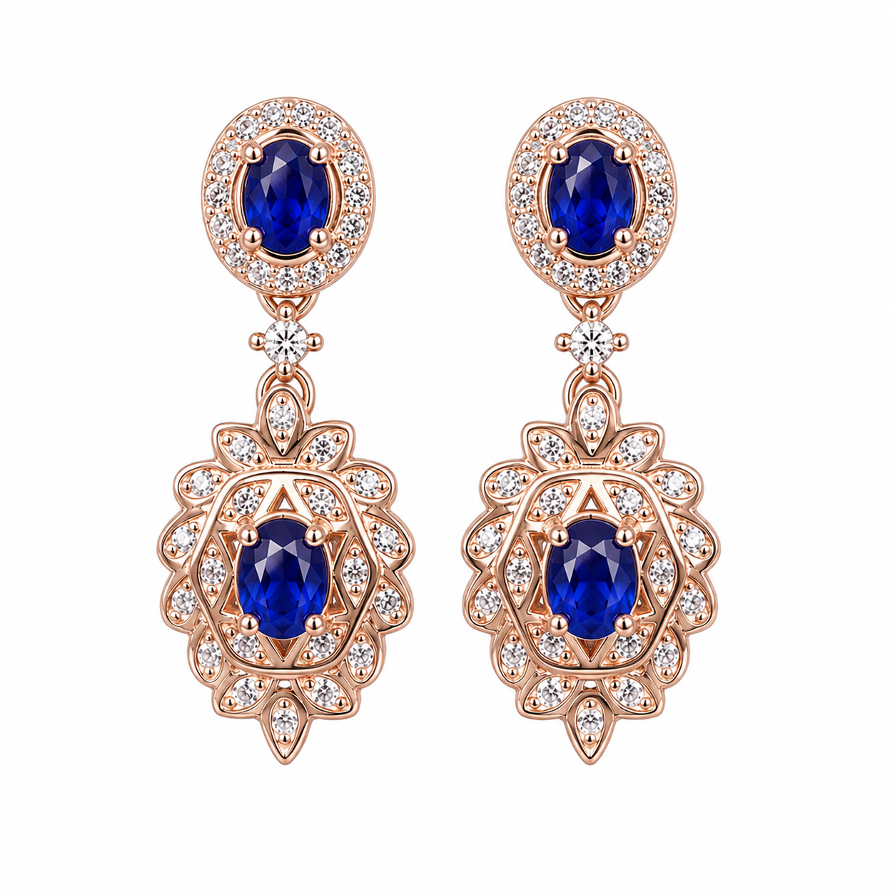 Natural Blue Sapphire elegant dangle earrings in 925 sterling silver featuring four VVS Grade 3×4 mm oval sapphires with sparkling cubic zirconia accents