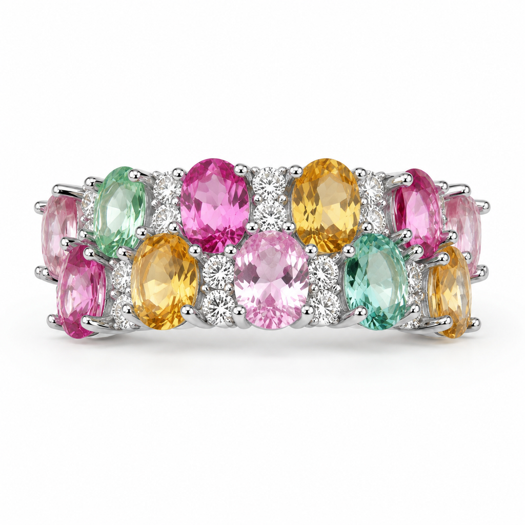 Natural Multi Tourmaline Cluster Ring with 3x4mm colorful gemstones and cubic zirconia accents in 925 sterling silver with platinum plated finish by PHIMSERA
