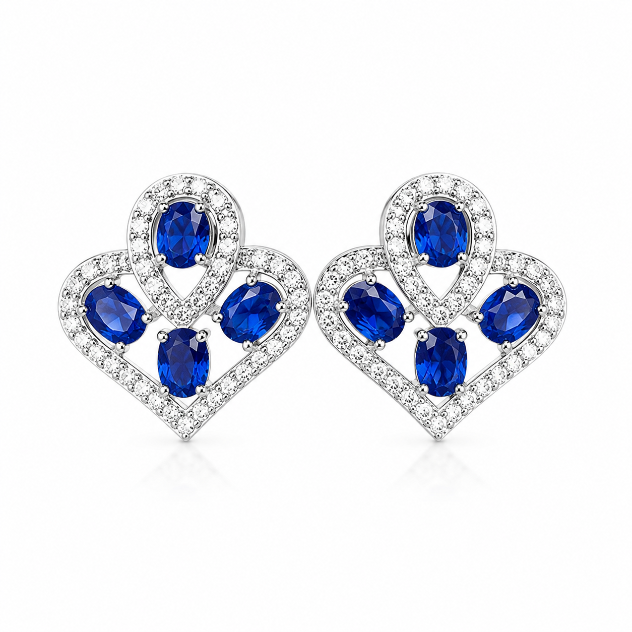 Natural Blue Sri Lanka Sapphire Earrings in 925 Sterling Silver with 3x4 mm oval natural sapphires and cubic zirconia accents