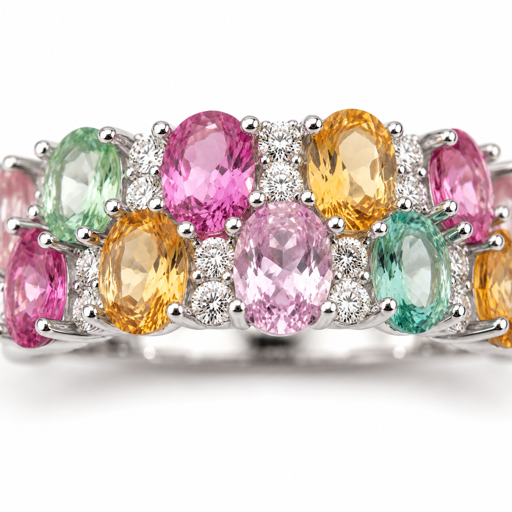 Natural Multi Tourmaline Cluster Ring with 3x4mm colorful gemstones and cubic zirconia accents in 925 sterling silver with platinum plated finish by PHIMSERA