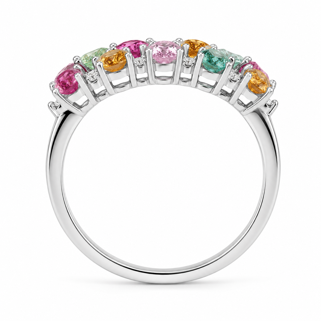 Natural Multi Tourmaline Cluster Ring with 3x4mm colorful gemstones and cubic zirconia accents in 925 sterling silver with platinum plated finish by PHIMSERA