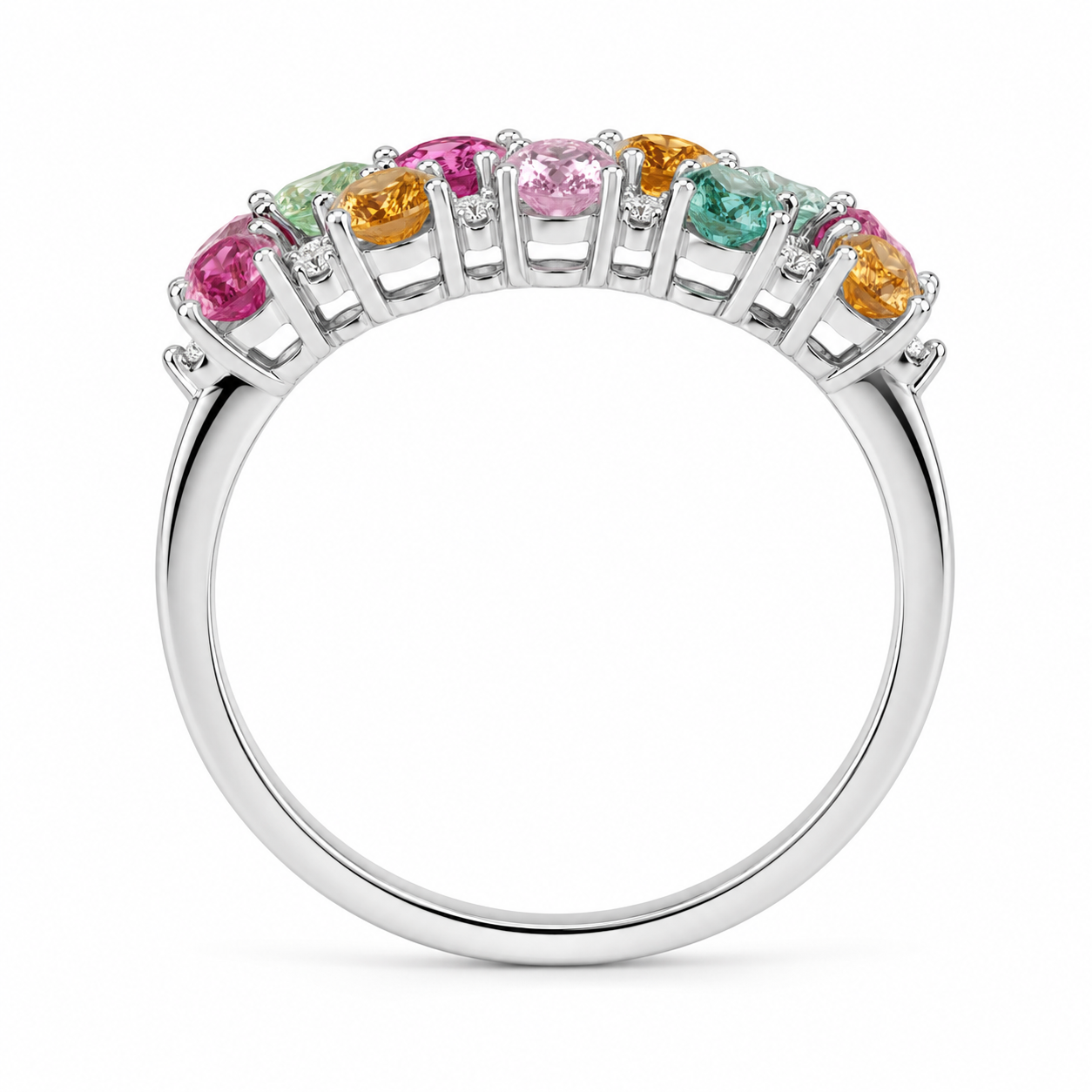 Natural Multi Tourmaline Cluster Ring with 3x4mm colorful gemstones and cubic zirconia accents in 925 sterling silver with platinum plated finish by PHIMSERA