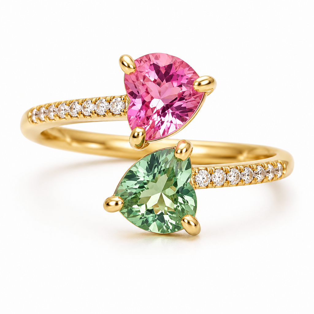 Natural Pink and Green Tourmaline Open Heart Ring with 5mm heart-cut gemstones and cubic zirconia accents in 925 sterling silver with platinum plated finish by PHIMSERA