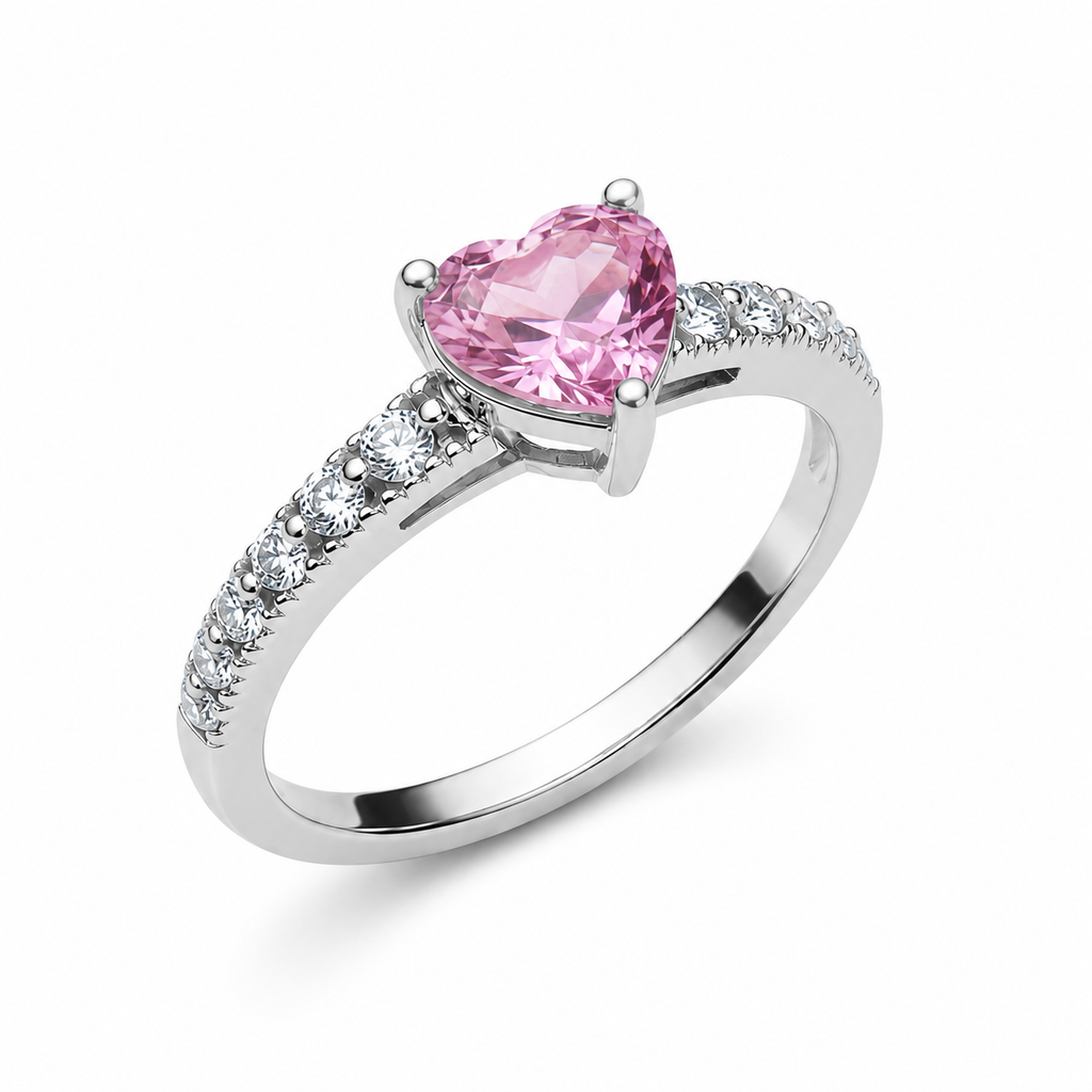 Natural Brazilian Heart Tourmaline Ring with 6mm heart-cut gemstone and cubic zirconia accents in 925 sterling silver by PHIMSERA