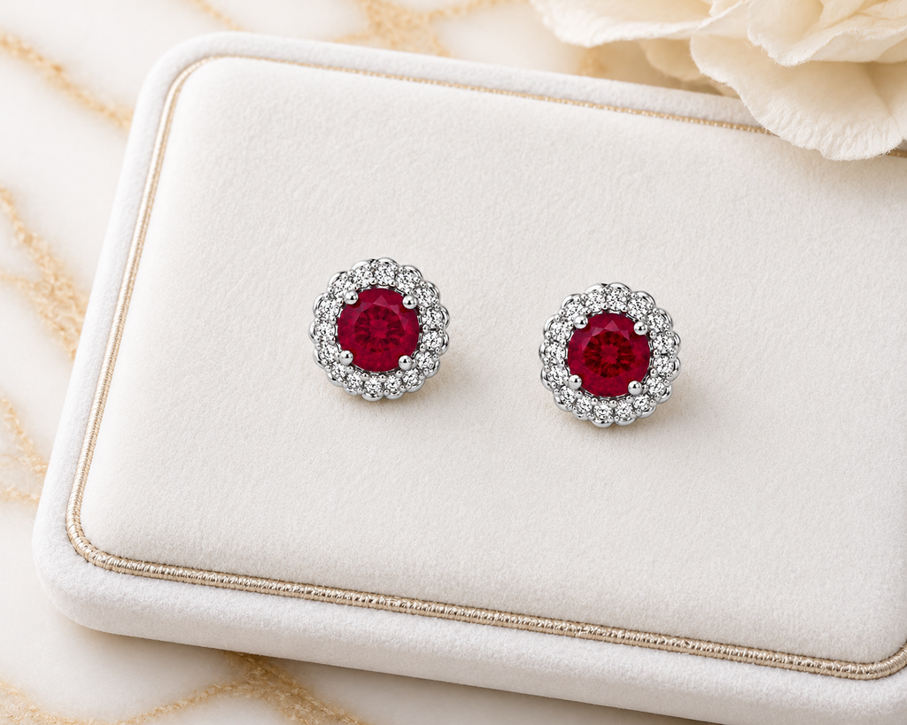 Natural 5mm ruby stud earrings in 925 sterling silver with sparkling halo cubic zirconia and platinum plating on a white background.