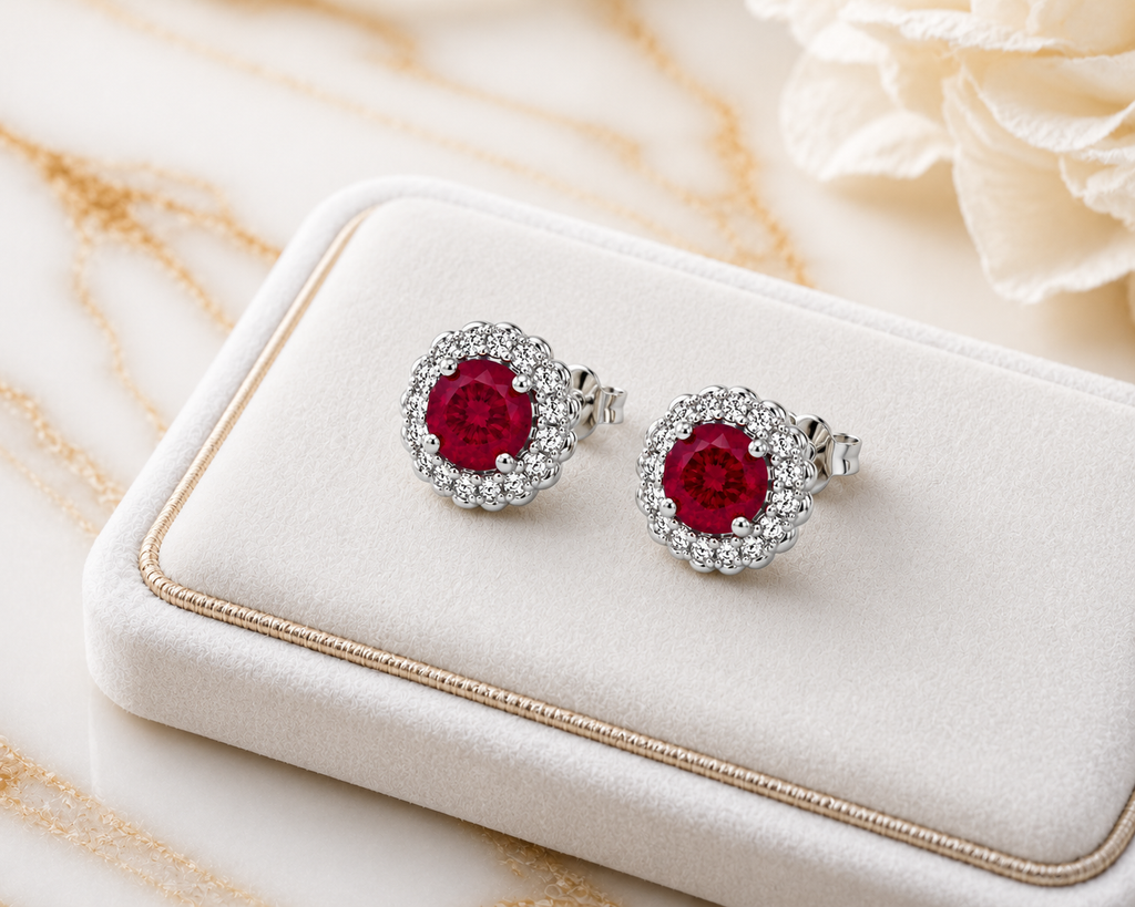 Natural 5mm ruby stud earrings in 925 sterling silver with sparkling halo cubic zirconia and platinum plating on a white background.