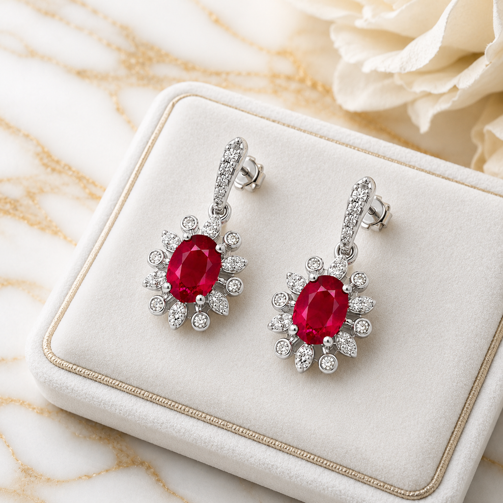 Natural 4x5mm ruby flower dangle earrings in platinum plated 925 sterling silver with genuine oval ruby gemstones