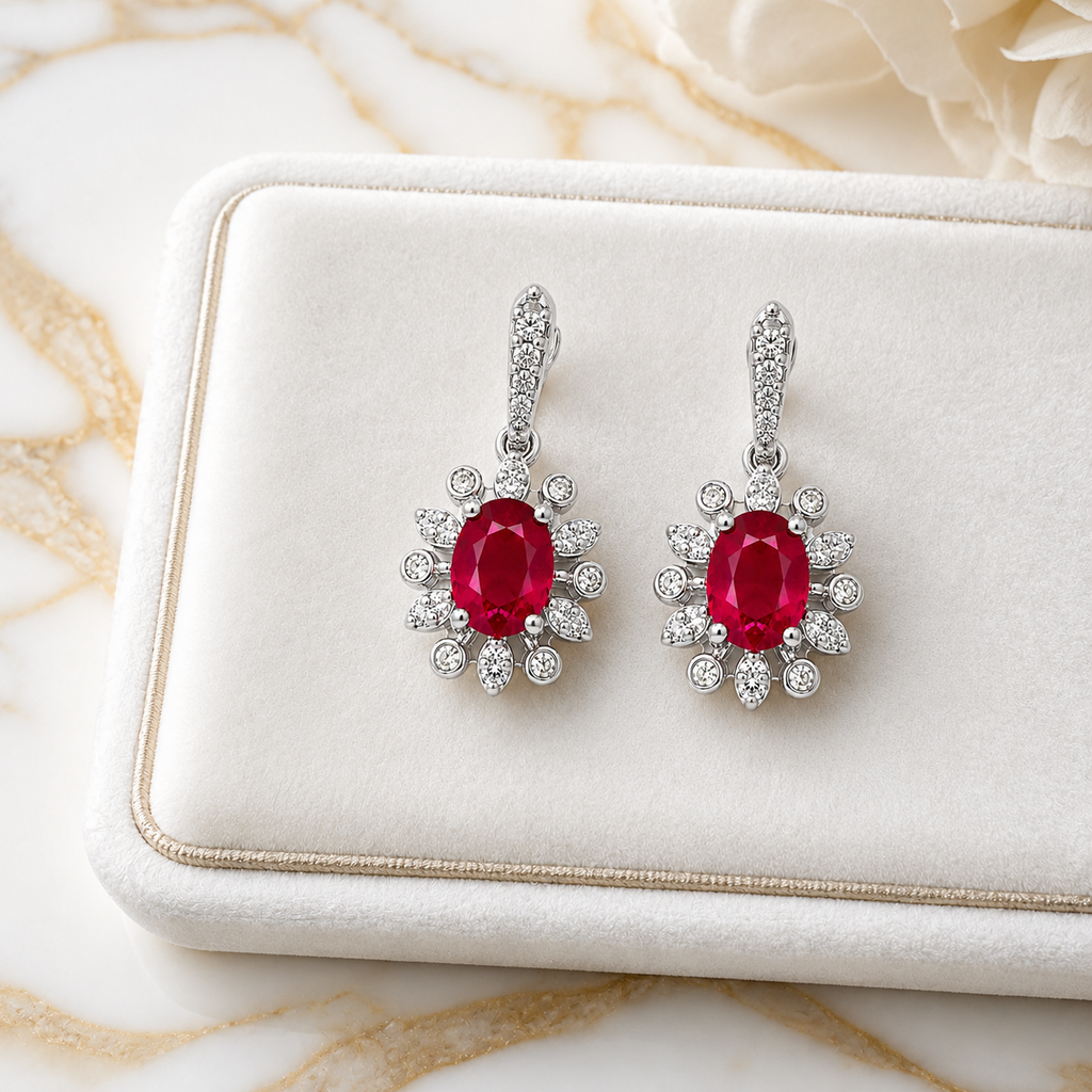 Natural 4x5mm ruby flower dangle earrings in platinum plated 925 sterling silver with genuine oval ruby gemstones