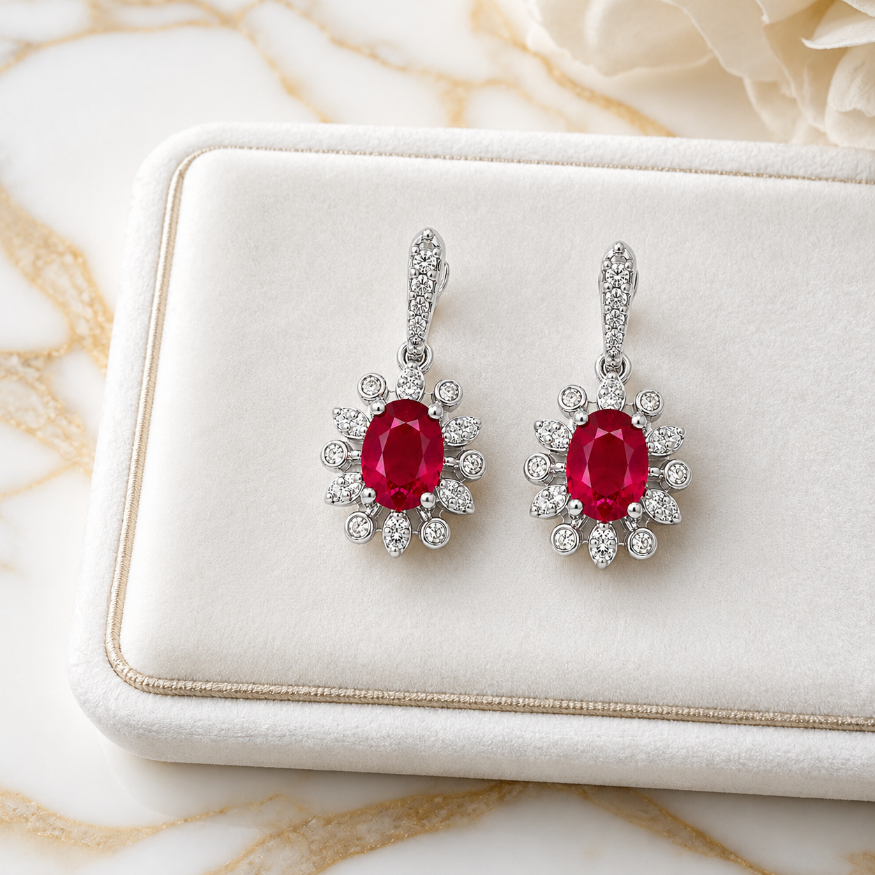 Natural 4x5mm ruby flower dangle earrings in platinum plated 925 sterling silver with genuine oval ruby gemstones