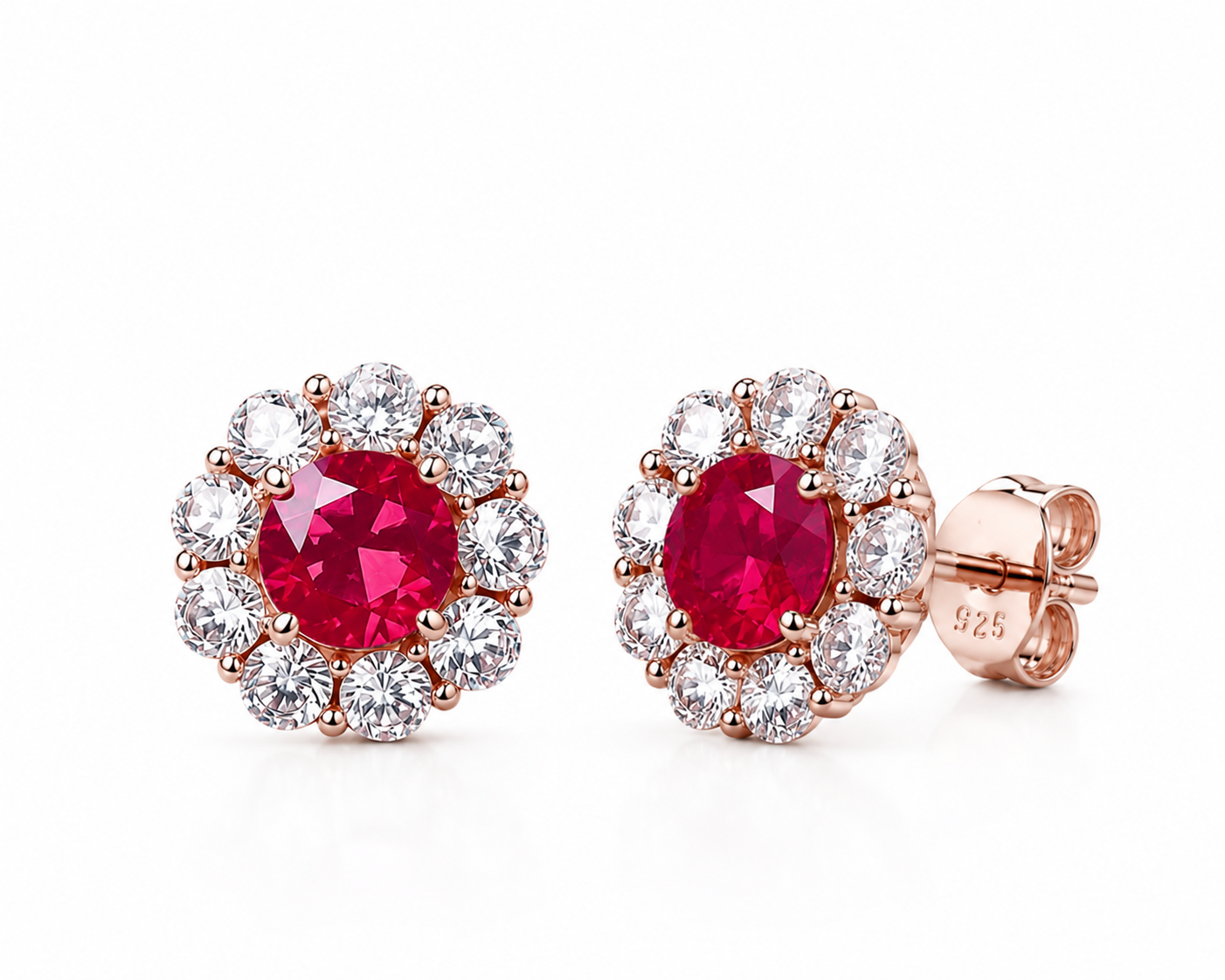Natural 4mm ruby halo stud earrings in platinum plated 925 sterling silver with high quality cubic zirconia accents
