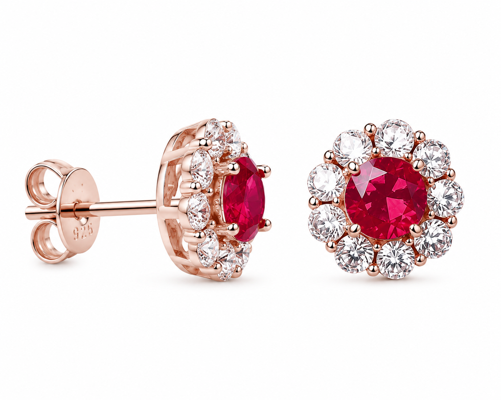 Natural 4mm ruby halo stud earrings in platinum plated 925 sterling silver with high quality cubic zirconia accents
