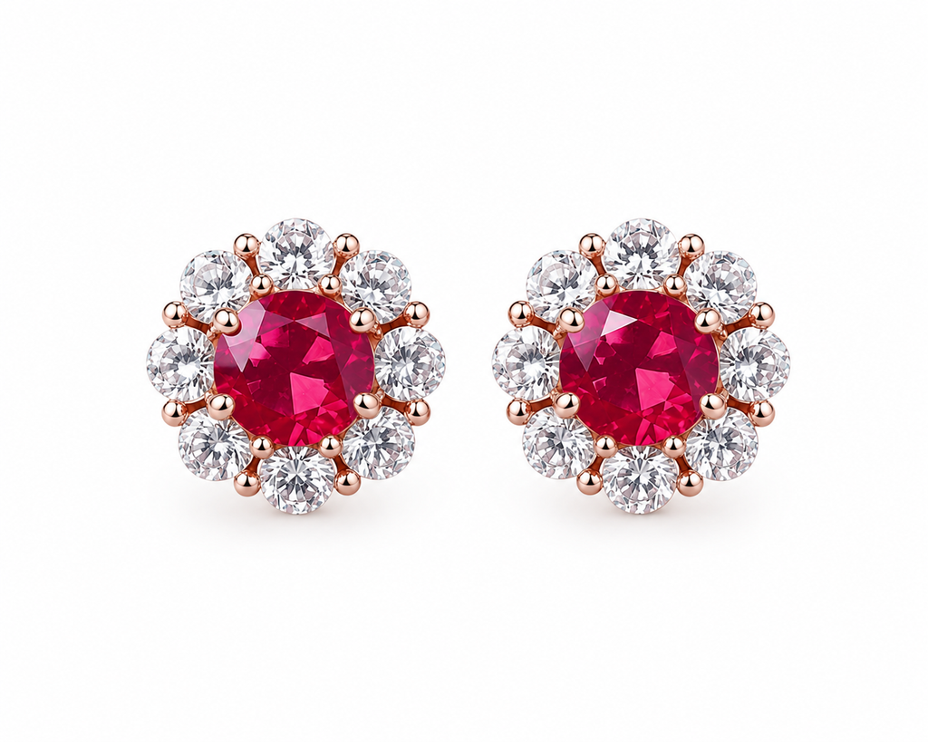 Natural 4mm ruby halo stud earrings in platinum plated 925 sterling silver with high quality cubic zirconia accents