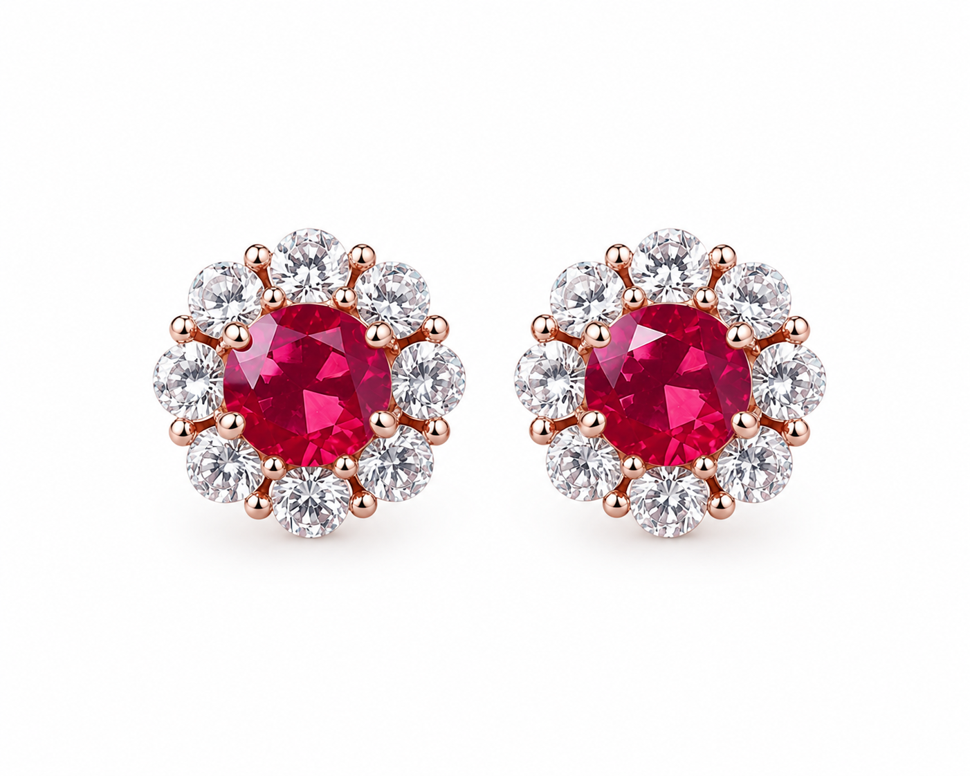 Natural 4mm ruby halo stud earrings in platinum plated 925 sterling silver with high quality cubic zirconia accents