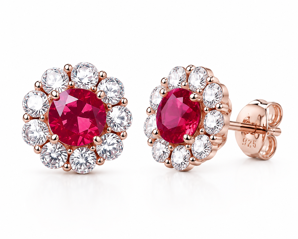 Natural 4mm ruby halo stud earrings in platinum plated 925 sterling silver with high quality cubic zirconia accents
