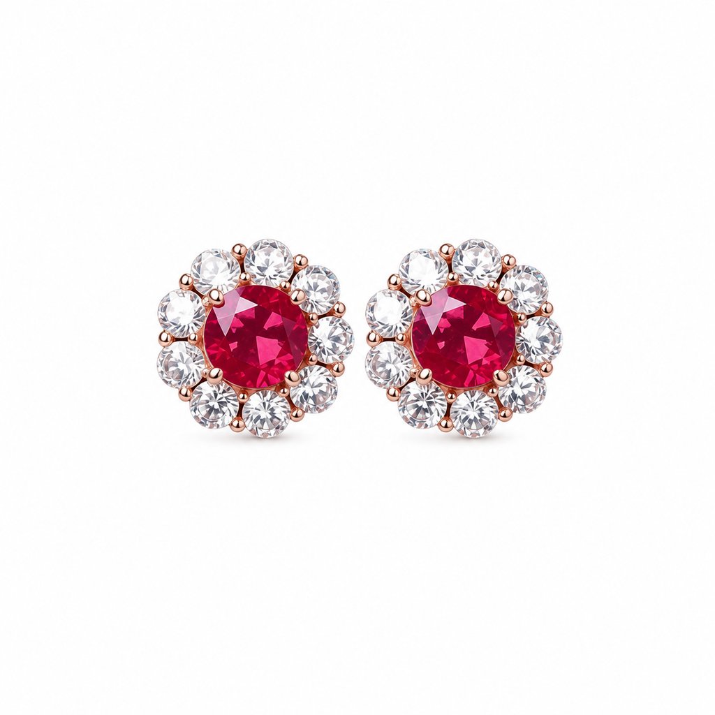 Natural 4mm ruby halo stud earrings in platinum plated 925 sterling silver with high quality cubic zirconia accents
