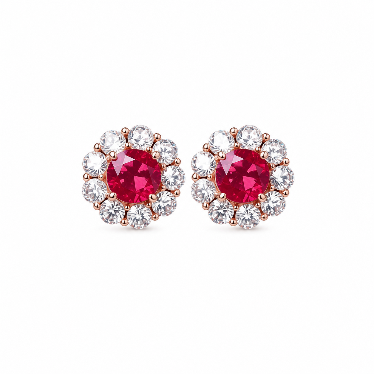 Natural 4mm ruby halo stud earrings in platinum plated 925 sterling silver with high quality cubic zirconia accents