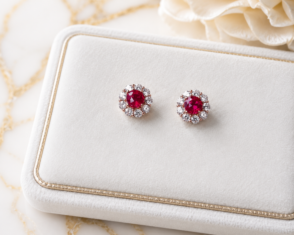 Natural 4mm ruby halo stud earrings in platinum plated 925 sterling silver with high quality cubic zirconia accents