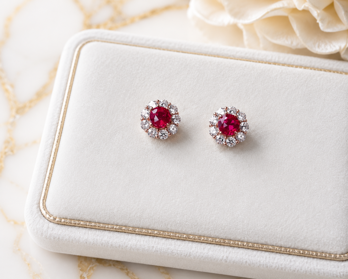 Natural 4mm ruby halo stud earrings in platinum plated 925 sterling silver with high quality cubic zirconia accents