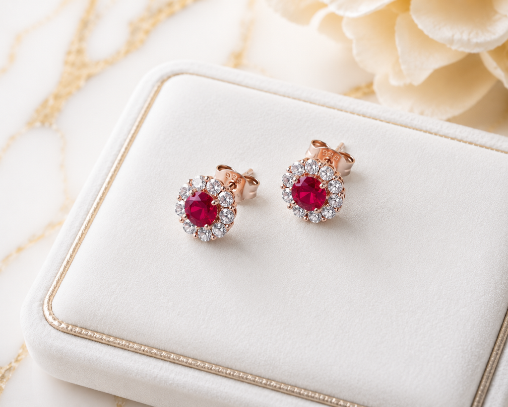 Natural 4mm ruby halo stud earrings in platinum plated 925 sterling silver with high quality cubic zirconia accents