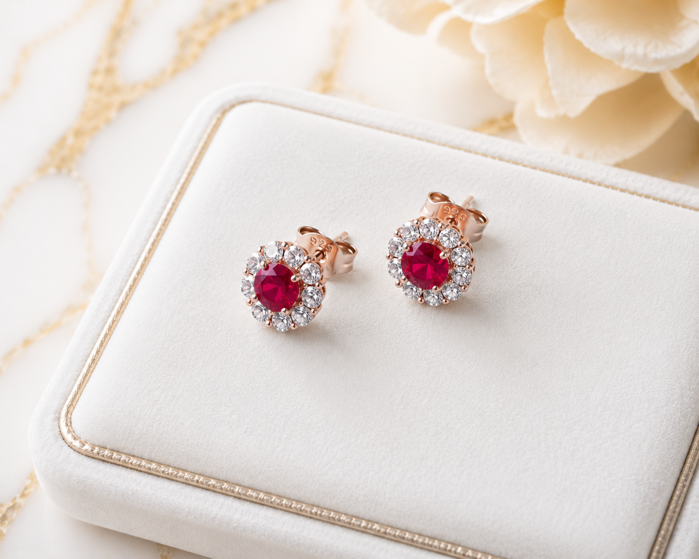 Natural 4mm ruby halo stud earrings in platinum plated 925 sterling silver with high quality cubic zirconia accents