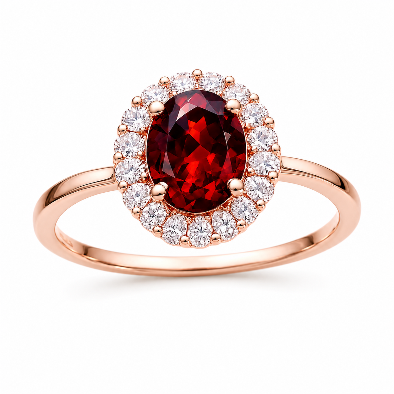 Natural 3 carat 8x10mm oval red garnet halo ring with brilliant cubic zirconia accents in rose gold plated sterling silver.