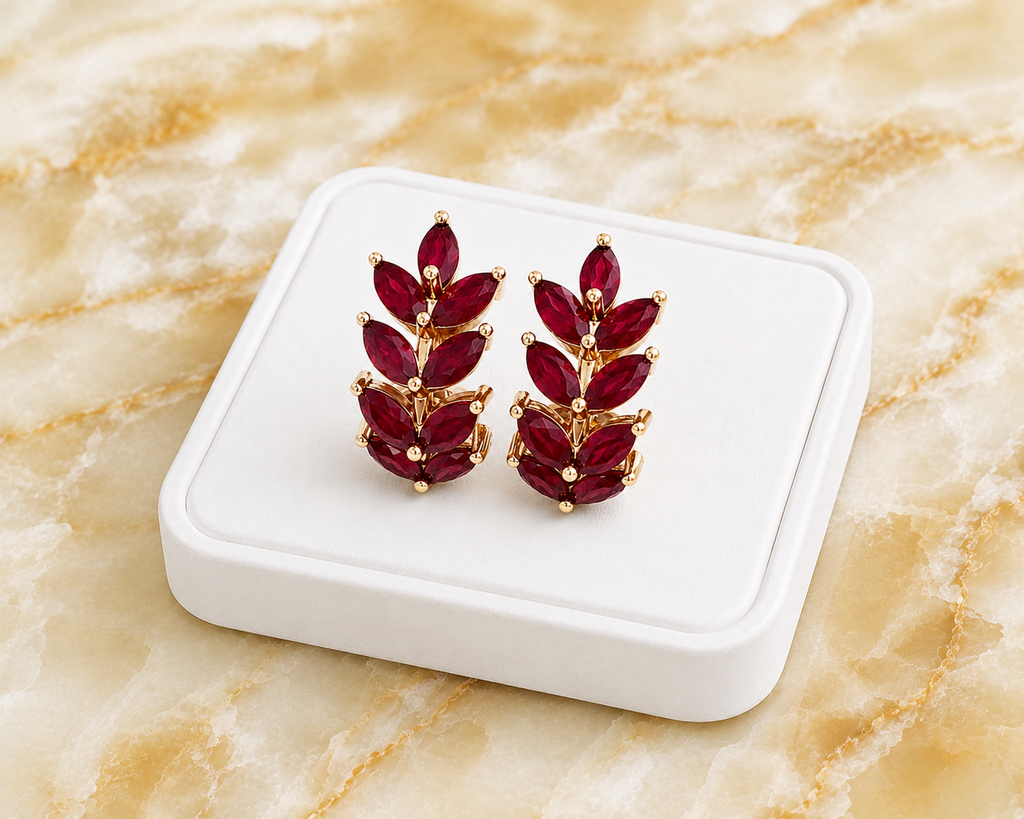 Natural Ruby Marquise Hoop Earrings in 925 Sterling Silver with Platinum Plating by Phimsera