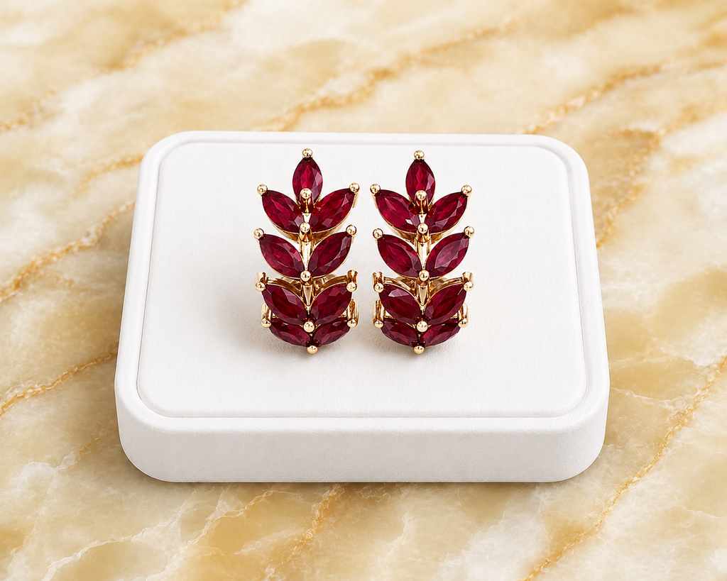 Natural Ruby Marquise Hoop Earrings in 925 Sterling Silver with Platinum Plating by Phimsera