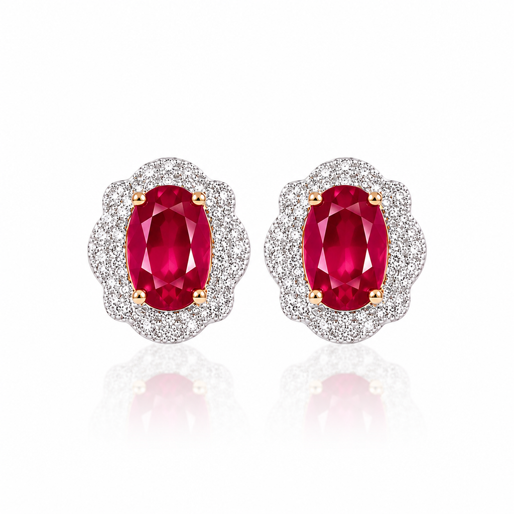 Natural 4x6mm Ruby Halo Stud Earrings in 925 Sterling Silver with Platinum Plating and Cubic Zirconia by Phimsera
