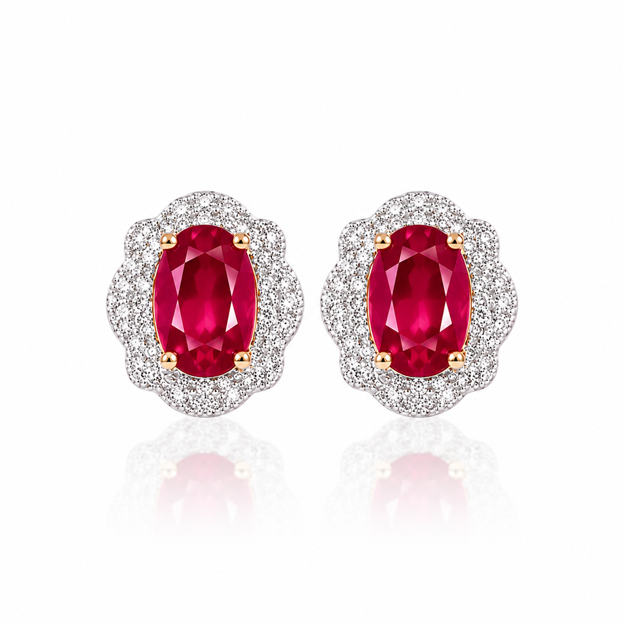 Natural 4x6mm Ruby Halo Stud Earrings in 925 Sterling Silver with Platinum Plating and Cubic Zirconia by Phimsera