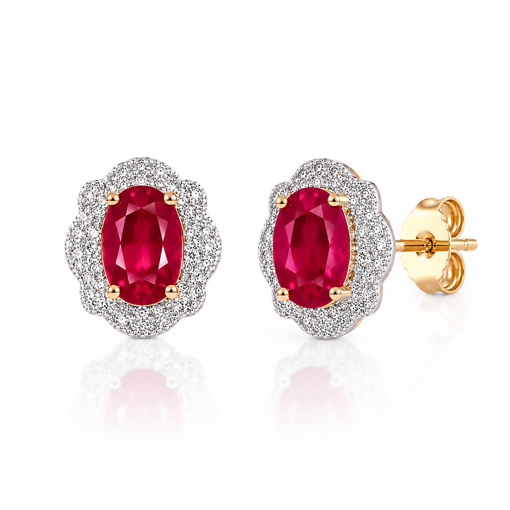 Natural 4x6mm Ruby Halo Stud Earrings in 925 Sterling Silver with Platinum Plating and Cubic Zirconia by Phimsera